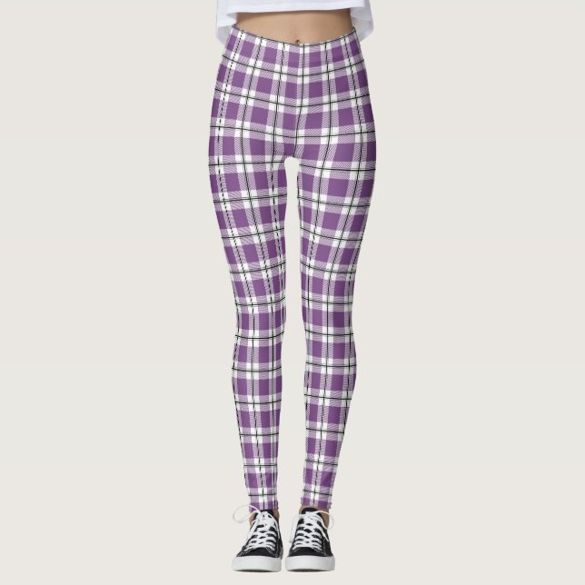Purple White & Black Vintage Plaid Flannel Pattern Leggings (Front)