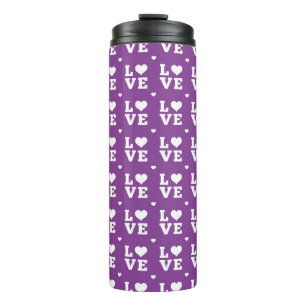 PURPLE & WHITE BLOCK LETTERING LOVE WITH HEARTS THERMAL TUMBLER