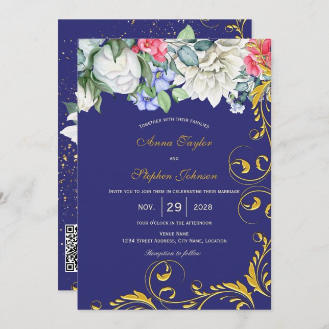 Purple White Blue Pink Gold Swirls Botanical Invitation (Front/Back)