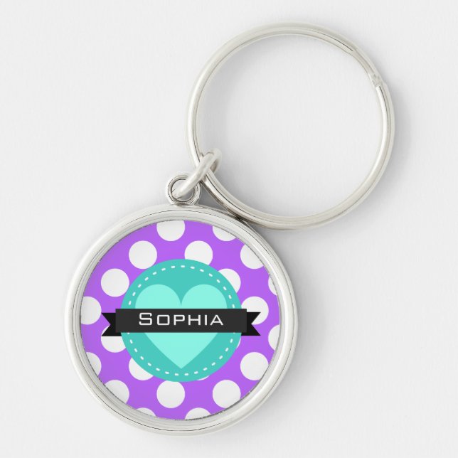 Purple White Blue Polka Dot Pattern Key Ring (Front)