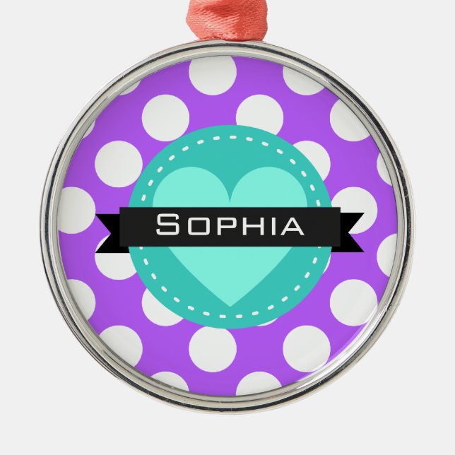 Purple White Blue Polka Dot Pattern Metal Ornament (Front)