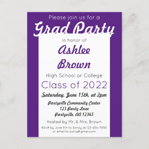 Purple White Bold Grad Party Graduation Invitation Postcard