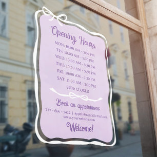 Purple White Bow Frame Small Business Open Hours