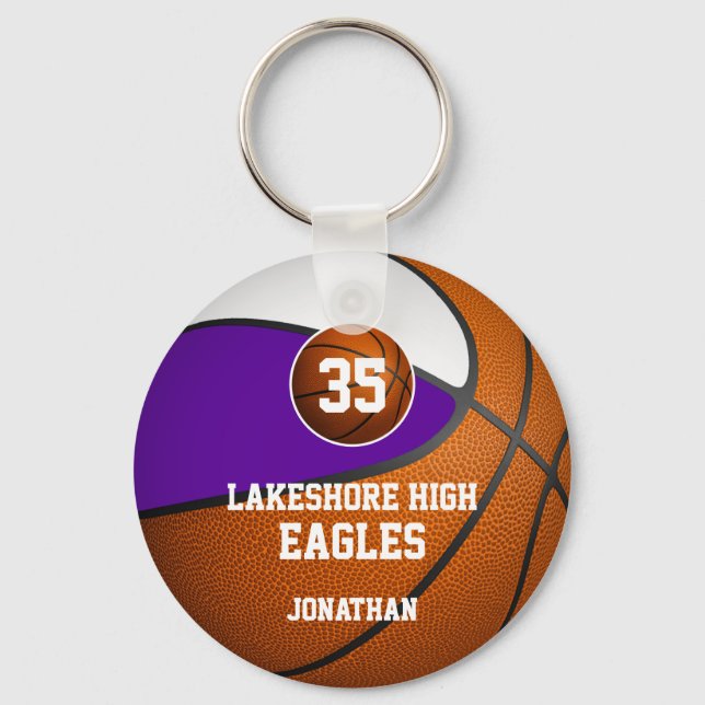 Purple white boys' sports basketball team spirit key ring (Front)