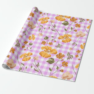 Purple White Buffalo Checks & Yellow Flowers Wrapping Paper