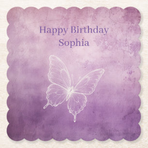Purple White Butterfly Birthday Paper Coaster