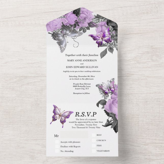 Purple white butterfly wedding elegant summer  all in one invitation (Inside)
