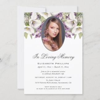 Purple White Calla Lilies Photo Memorial Service Invitation