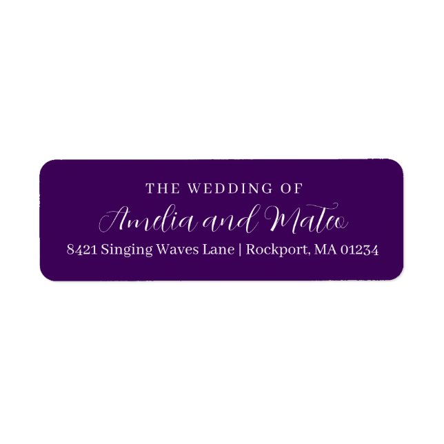 Purple White Calligraphy Wedding Return Address Label (Front)