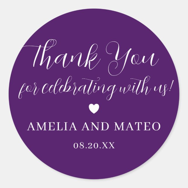Purple White Calligraphy Wedding Thank You Favour Classic Round Sticker (Front)