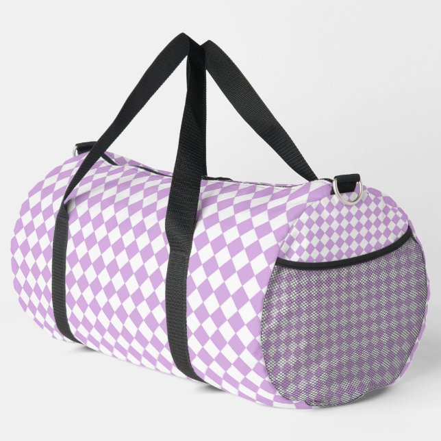 Purple White Checker Diamond Pattern Large Duffle Bag (Right Corner)