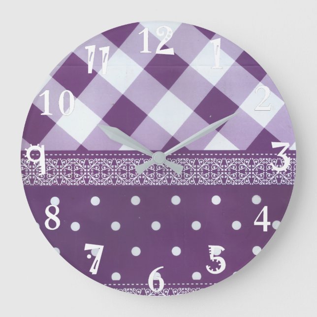 Purple White Checkered Polka Dot Floral Damask Art Large Clock (Front)