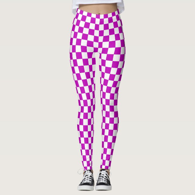 Purple White Chequered Check Pattern Leggings (Front)