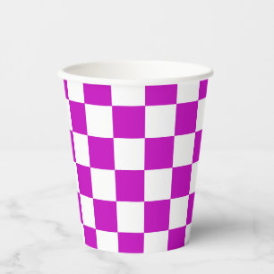 Purple White Chequered Check Pattern Paper Cups