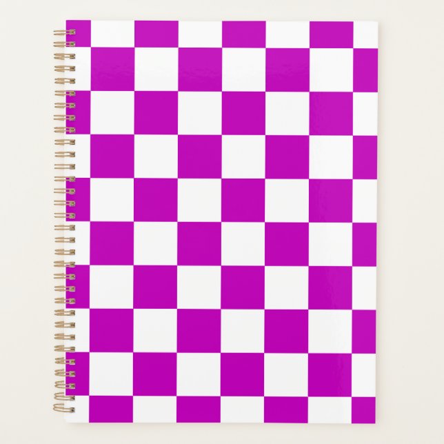 Purple White Chequered Check Pattern Planner (Front)