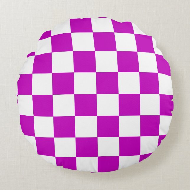 Purple White Chequered Check Pattern Round Cushion (Front)