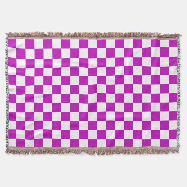 Purple White Chequered Check Pattern Throw Blanket (Front)