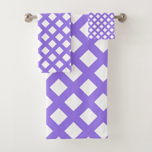 Purple White Chequered Diamond Pattern Bath Towel Set (Insitu)