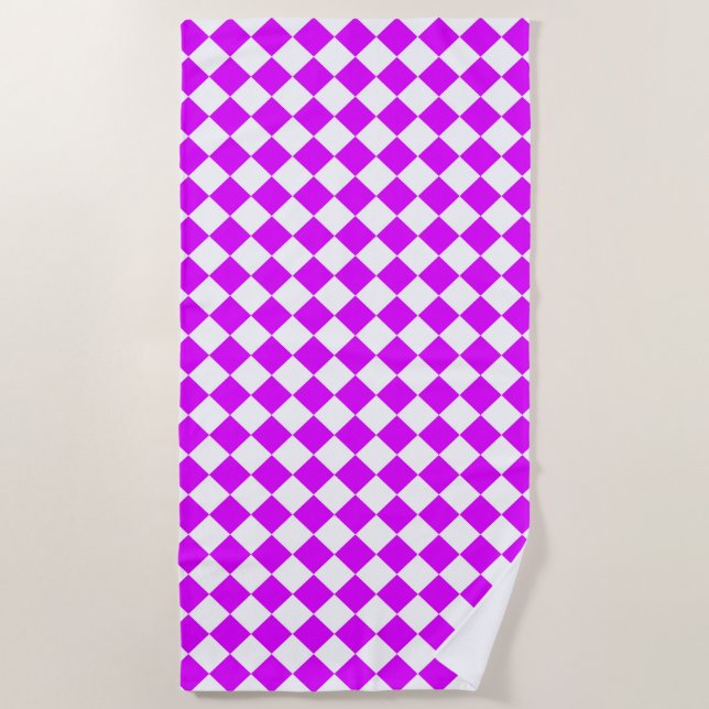 Purple White Chequered Diamond Pattern Beach Towel (Front)
