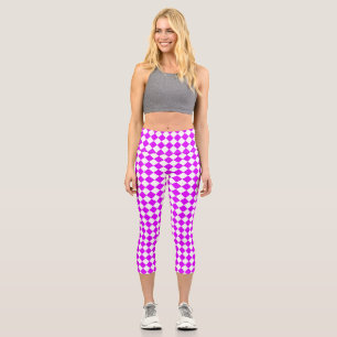 Purple White Chequered Diamond Pattern Capri Leggings