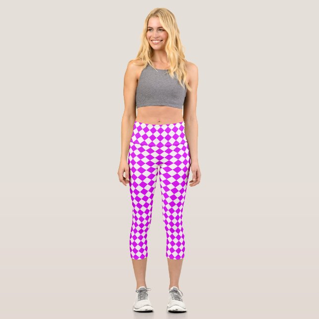 Purple White Chequered Diamond Pattern Capri Leggings (Front)