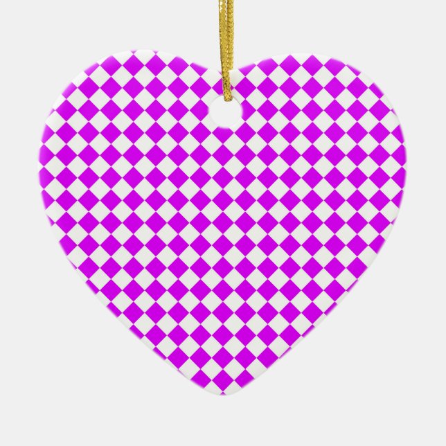 Purple White Chequered Diamond Pattern Ceramic Ornament (Front)