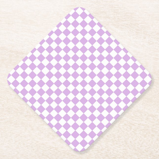Purple White Chequered Diamond Pattern Paper Coaster (Front)
