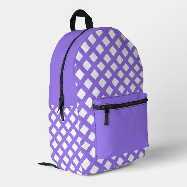 Purple White Chequered Diamond Pattern Printed Backpack (Back Corner Left)