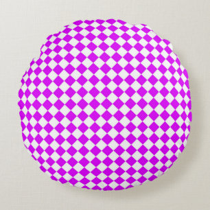 Purple White Chequered Diamond Pattern Round Cushion