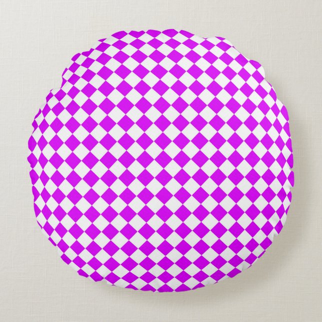 Purple White Chequered Diamond Pattern Round Cushion (Front)