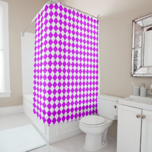 Purple White Chequered Diamond Pattern Shower Curtain