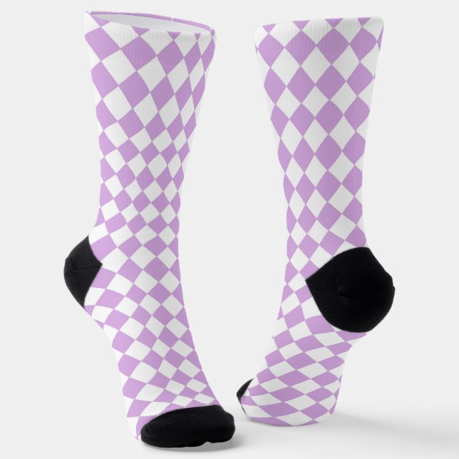Purple White Chequered Diamond Pattern Socks (Angled)