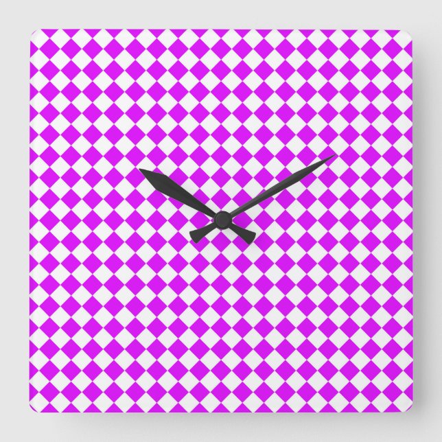 Purple White Chequered Diamond Pattern Square Wall Clock (Front)