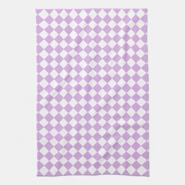 Purple White Chequered Diamond Pattern Tea Towel (Vertical)