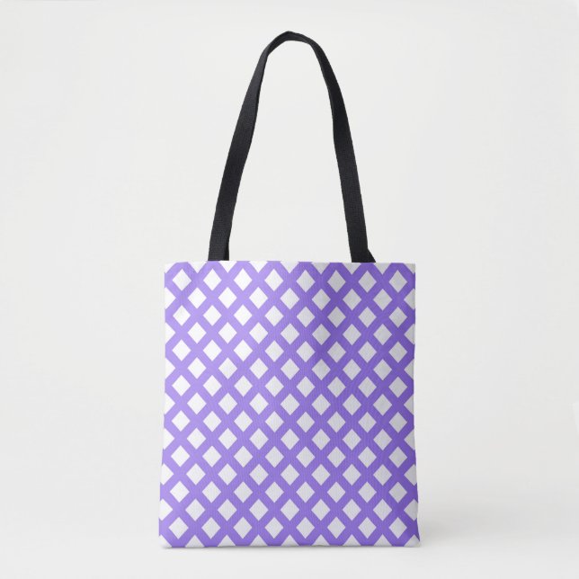 Purple White Chequered Diamond Pattern Tote Bag (Front)