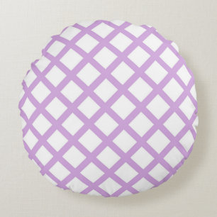 Purple White Chequered Diamond Stripes Pattern Round Cushion