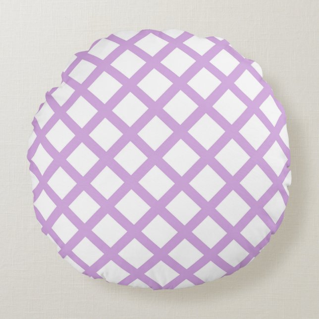 Purple White Chequered Diamond Stripes Pattern Round Cushion (Front)