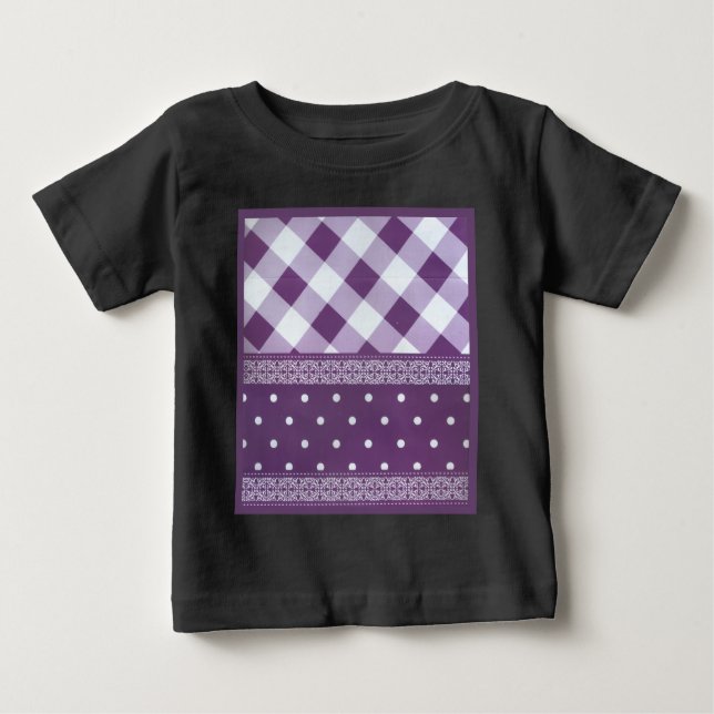 Purple White Chequered Polka Dot Floral Damask Art Baby T-Shirt (Front)