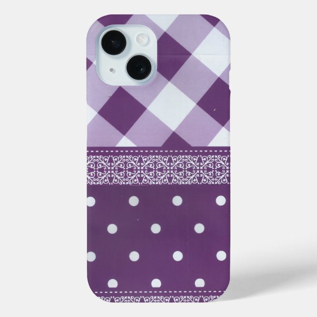 Purple White Chequered Polka Dot Floral Damask Art Case-Mate iPhone Case (Back)