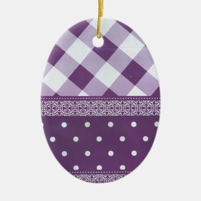 Purple White Chequered Polka Dot Floral Damask Art Ceramic Ornament (Front)
