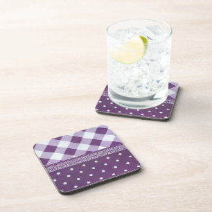 Purple White Chequered Polka Dot Floral Damask Art Coaster