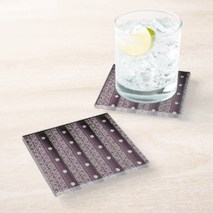 Purple White Chequered Polka Dot Floral Damask Art Glass Coaster
