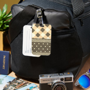 Purple White Chequered Polka Dot Floral Damask Art Luggage Tag