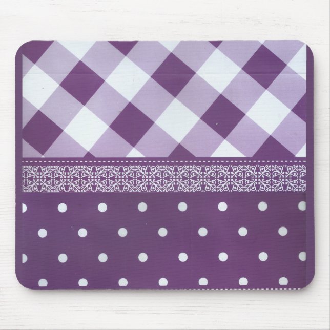 Purple White Chequered Polka Dot Floral Damask Art Mouse Pad (Front)