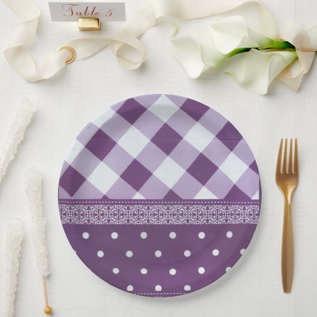 Purple White Chequered Polka Dot Floral Damask Art Paper Plate (Wedding)