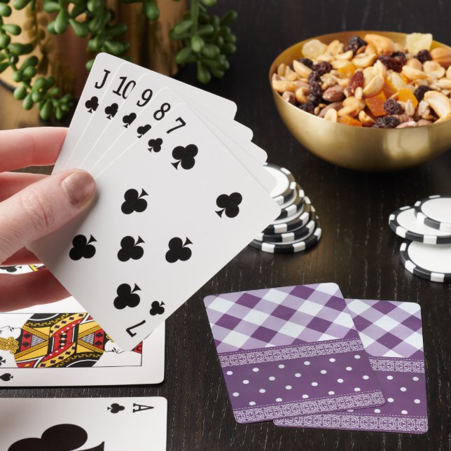 Purple White Chequered Polka Dot Floral Damask Art Playing Cards (In Situ)