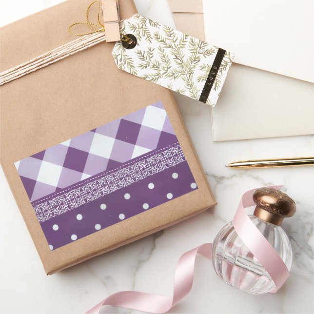 Purple White Chequered Polka Dot Floral Damask Art Rectangular Sticker (Gifting)