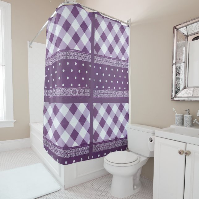 Purple White Chequered Polka Dot Floral Damask Art Shower Curtain (In Situ)