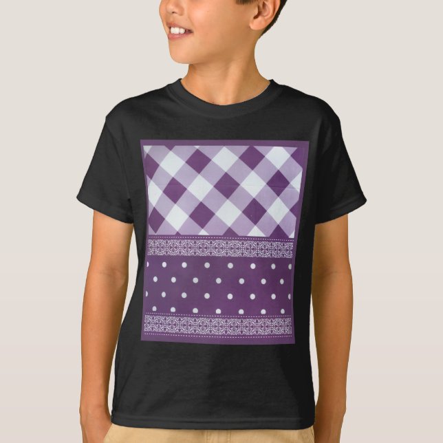 Purple White Chequered Polka Dot Floral Damask Art T-Shirt (Front)