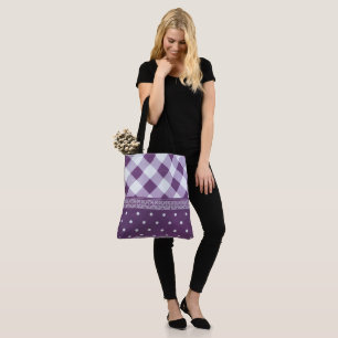 Purple White Chequered Polka Dot Floral Damask Art Tote Bag